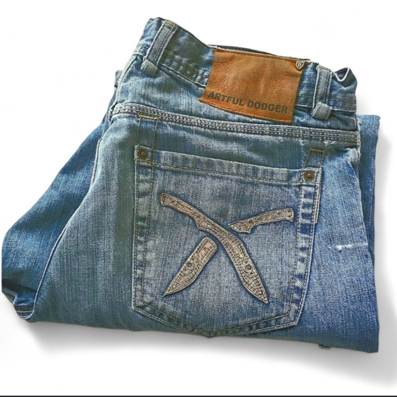 Artful Dodger Knifes Embroidery Light Wash Distressed Jeans Size 34 - Picture 1 of 13